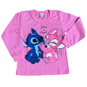 Camiseta Infantil de Manga Longa Stitch & Angel - Rosa